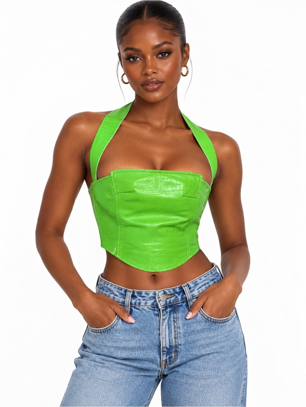 90's Y2K STYLE Green Faux-Croc Bustier Top